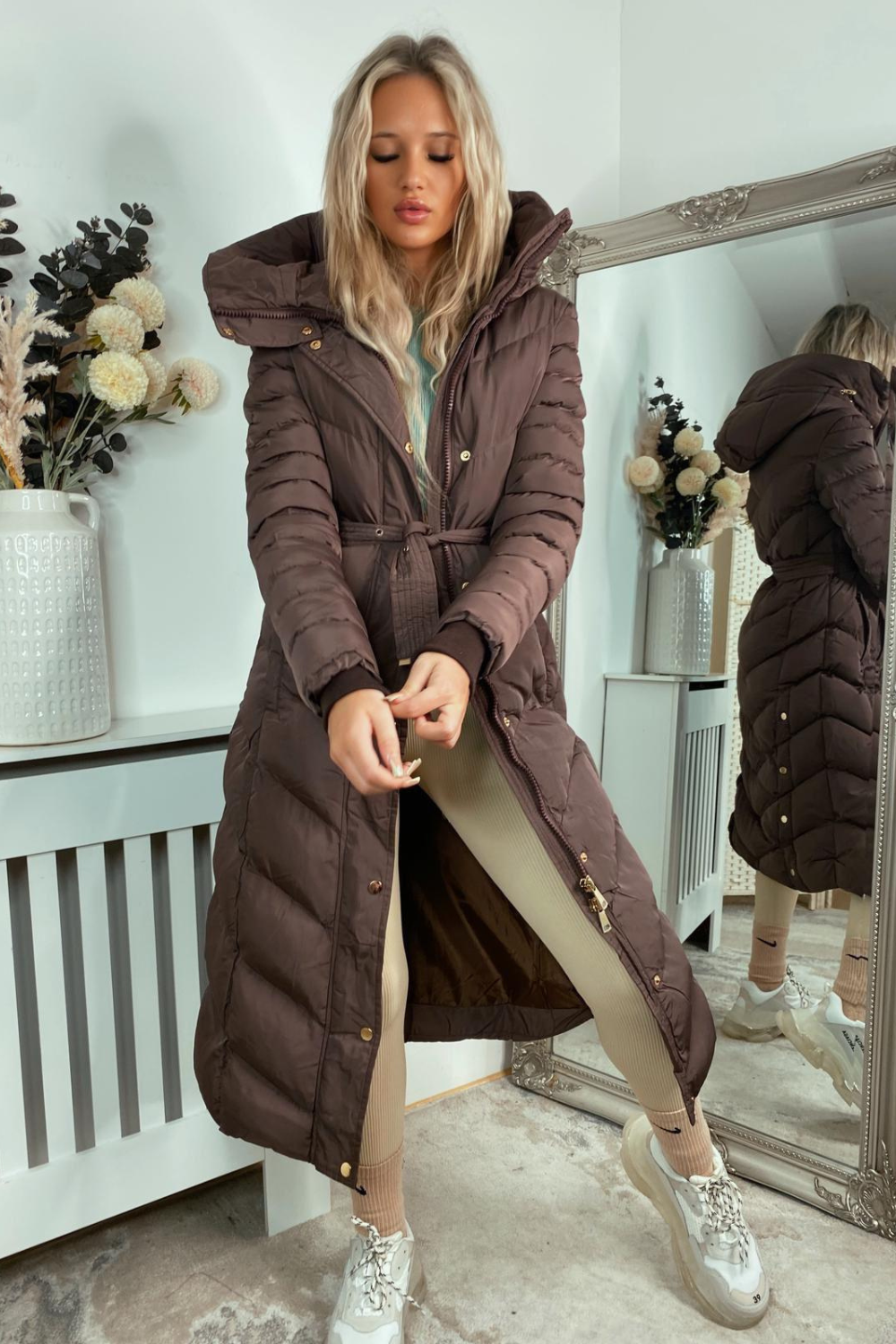 Hood Longline Padded Coat with Cinch Belt CAMEO ROSE LIMITED