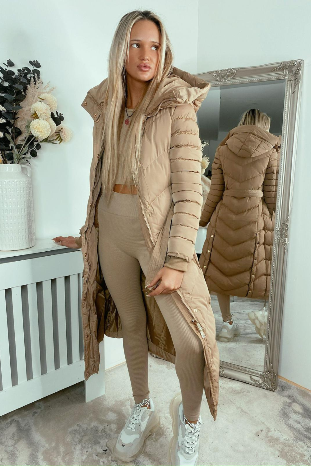 Hood Longline Padded Coat with Cinch Belt CAMEO ROSE LIMITED