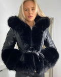 PU Leather Jacket with Faux Fur and Belted Waist Black