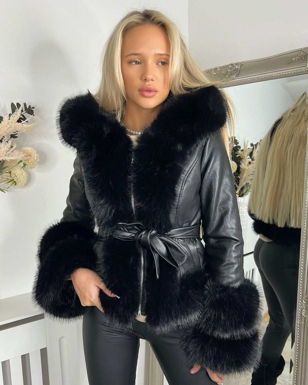PU Leather Jacket with Faux Fur and Belted Waist Black