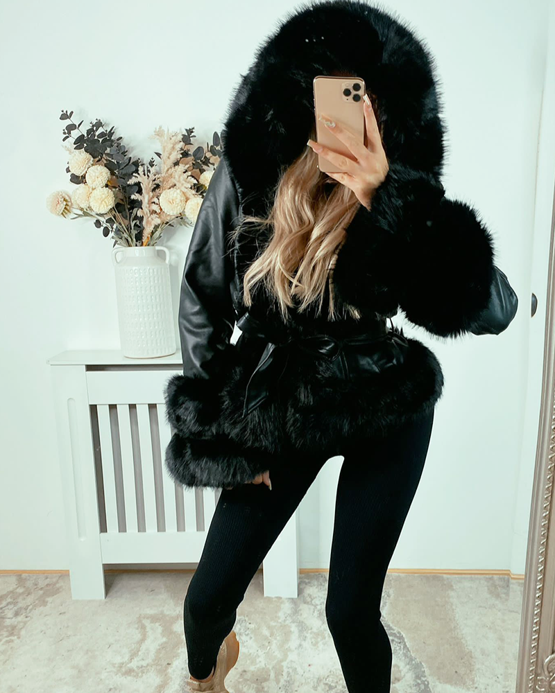 PU Leather Jacket with Faux Fur and Belted Waist Black