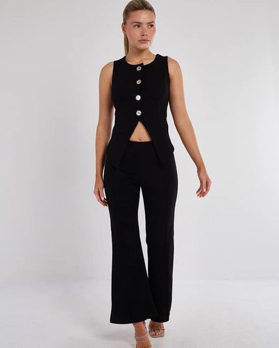 Structured Button Detail Vest & Flare Pant Set