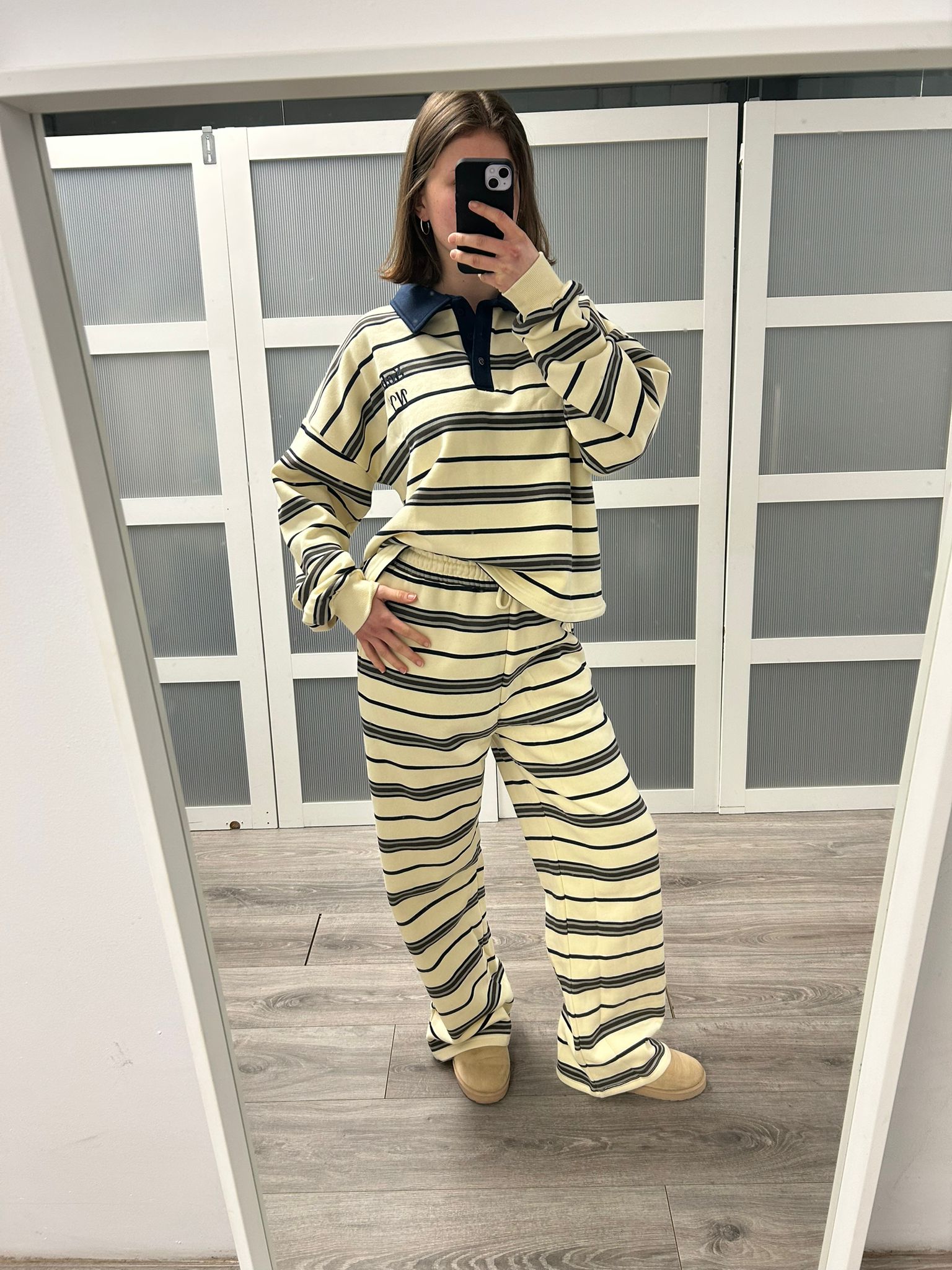 Stripe Rugby Tee Fleece Set in Pink