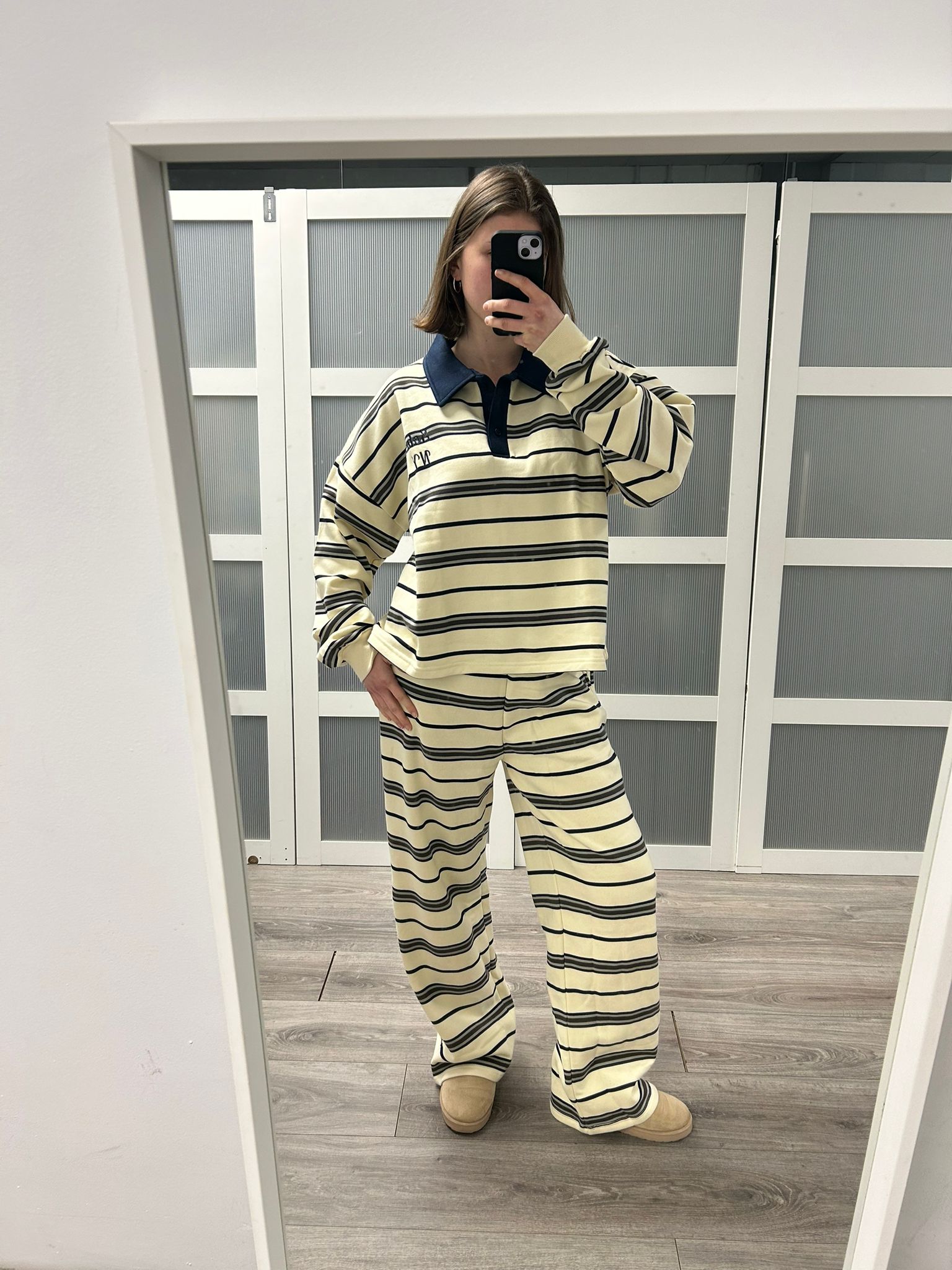 Stripe Rugby Tee Fleece Set in Pink