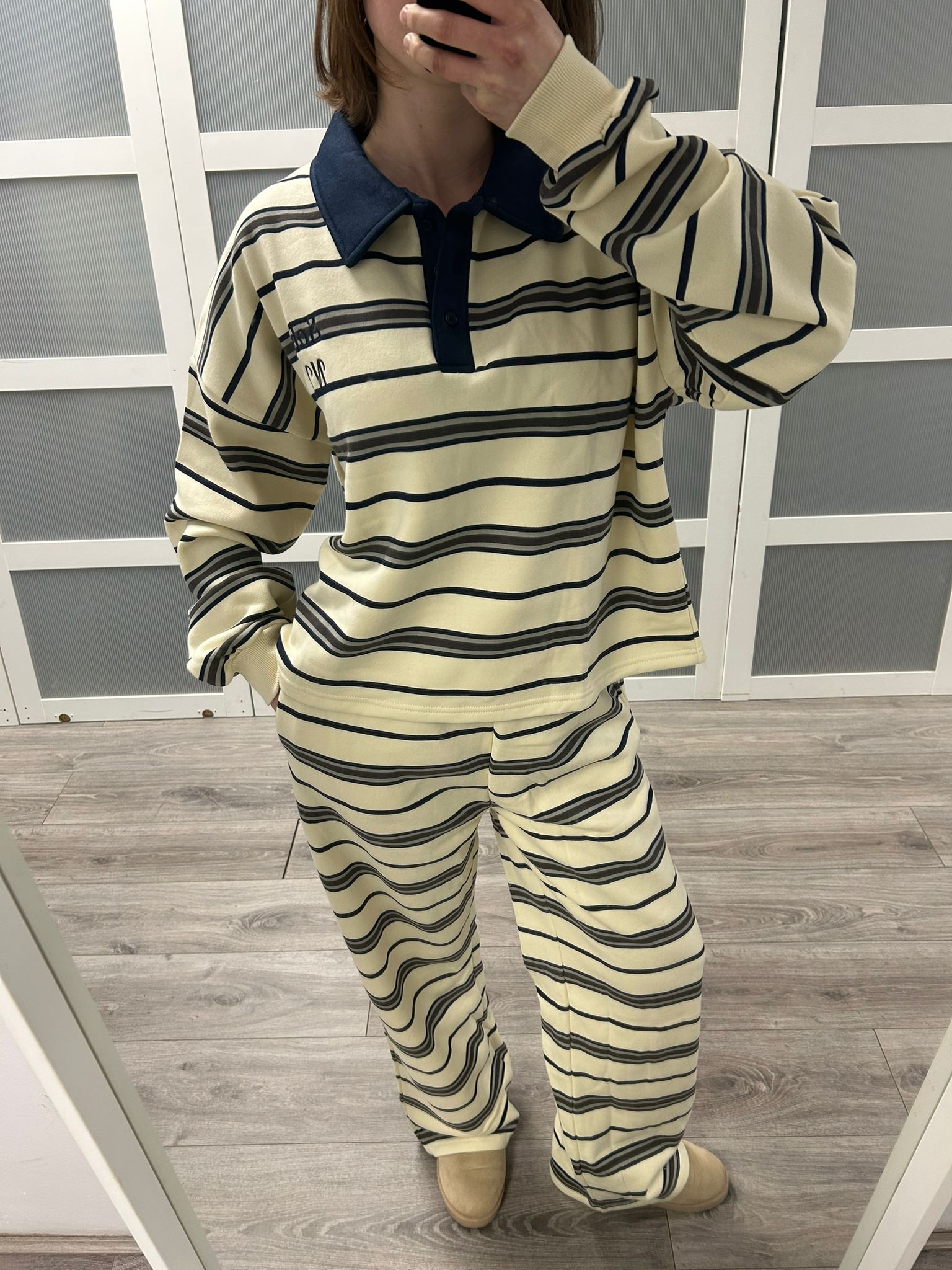 Stripe Rugby Tee Fleece Set in Pink