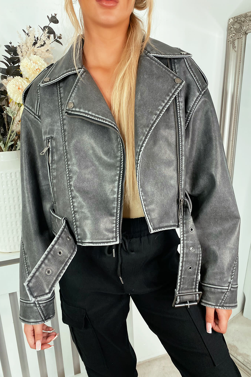 Grey Belted Waist PU Leather Biker Jacket