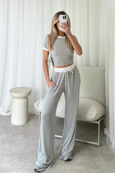 Grey Contrast Ribbed Crop Top and Wide Leg Trouser Co-Ord