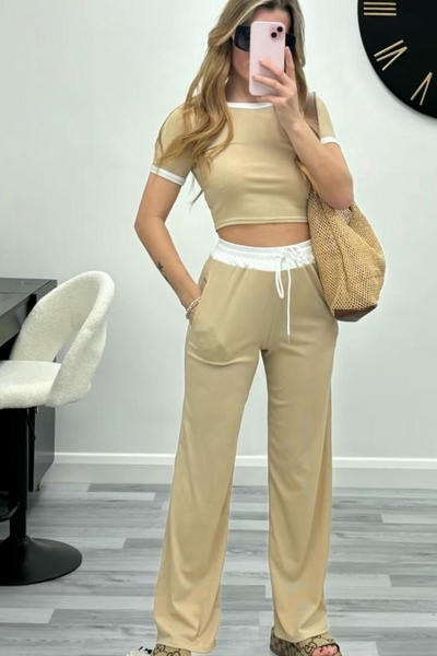Stone Contrast Ribbed Crop Top and Wide Leg Trouser Co-Ord