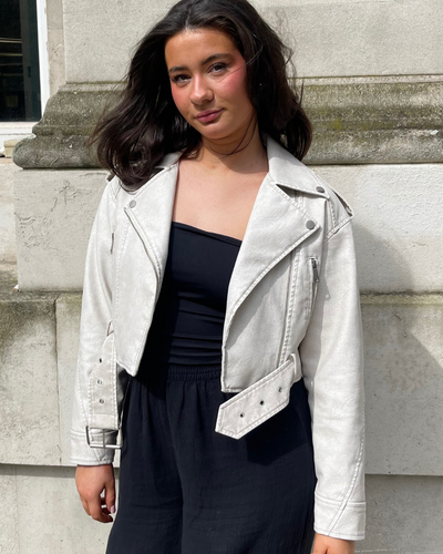 Cream Belted Waist PU Leather Biker Jacket