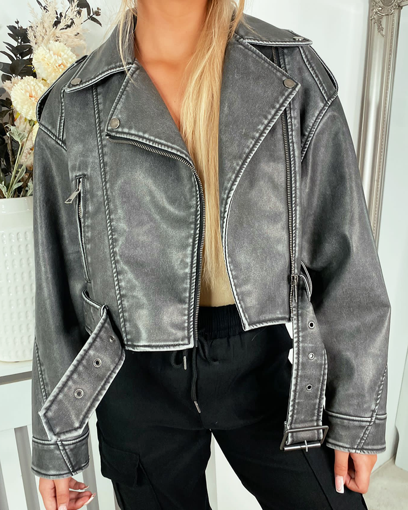 Grey Belted Waist PU Leather Biker Jacket
