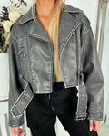 Grey Belted Waist PU Leather Biker Jacket