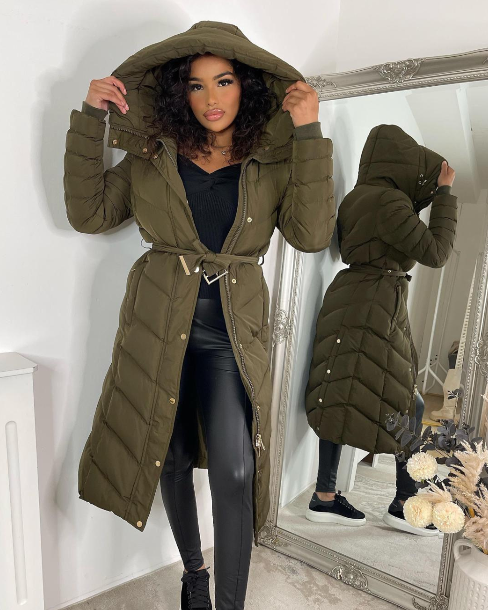 Hooded Longline Belted Puffer Coat