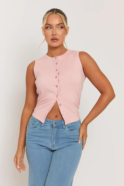 Ribbed Sleeveless Button‑Front Top