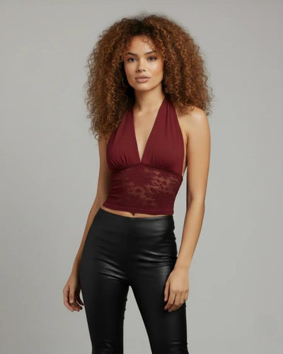 Lace Halter Mesh Panel Crop Top