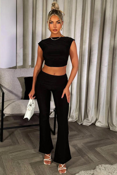 Black Tie Back Top and Fold Over Flared Trousers Two Piece