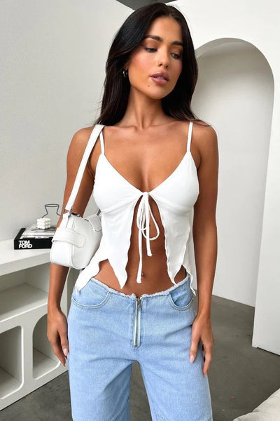 White Tie Front Frill Crop Top