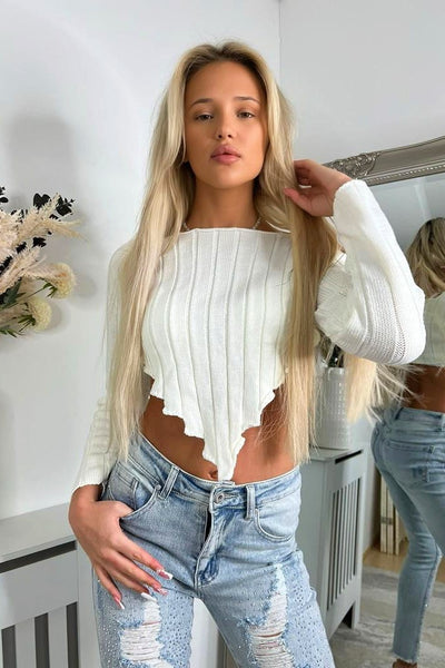 White Crop Long Sleeve Jagged Knit