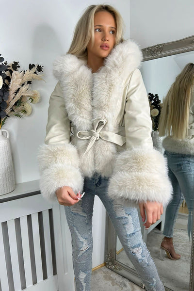 Cream PU Leather Jacket with Faux Fur and Belted Waist