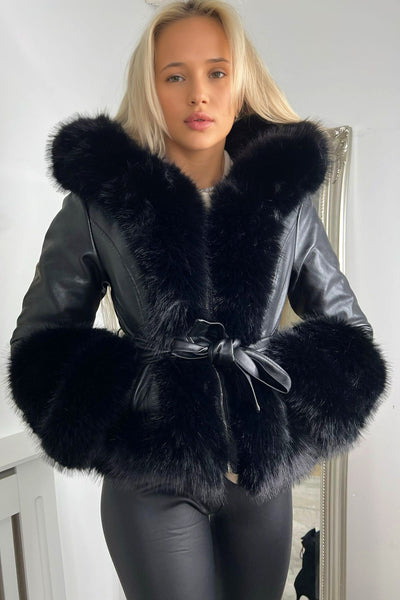 Black PU Leather Jacket with Faux Fur and Belted Waist