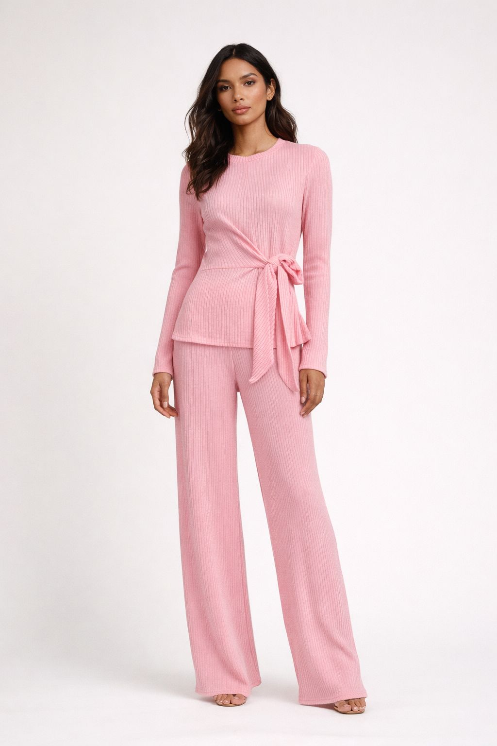 Ribbed Knot Detail Top & Wide-Leg Trouser Set