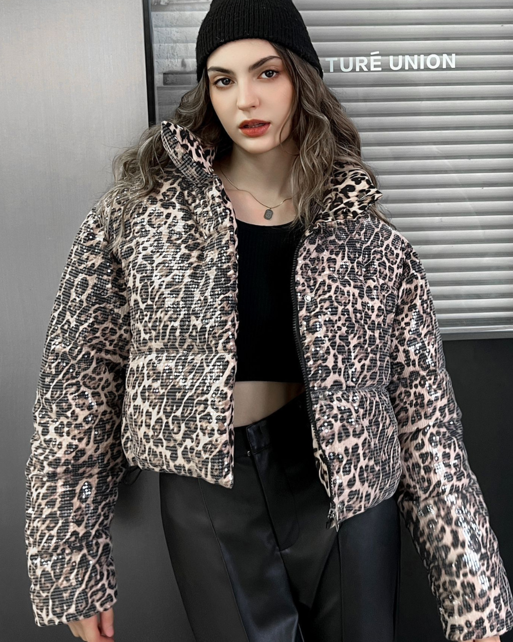 Leopard Print Sequin Puffer Coat