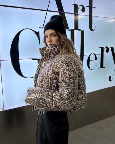 Leopard Print Sequin Puffer Coat