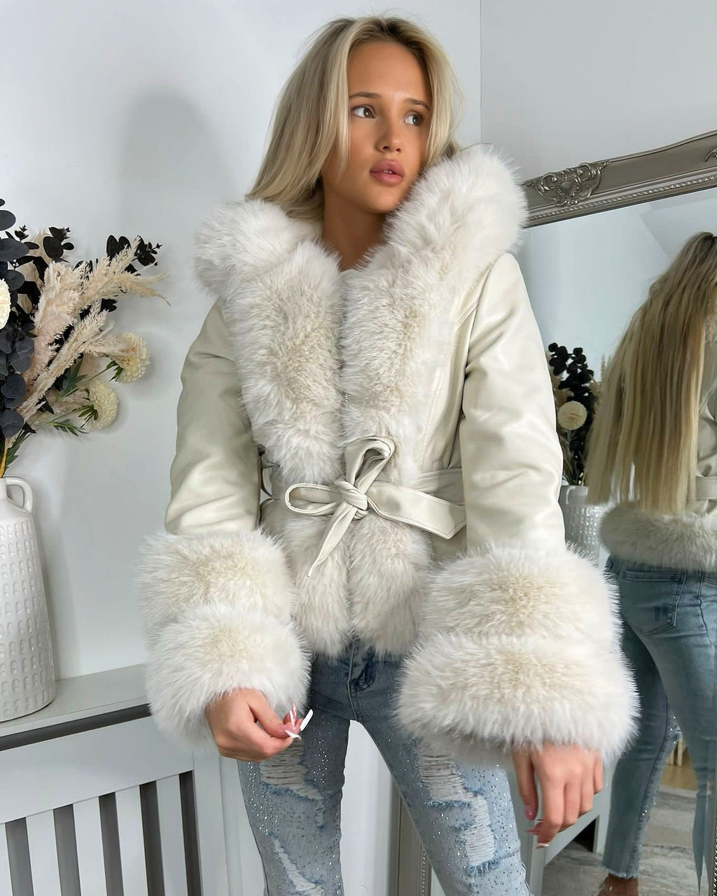 PU Leather Jacket with Faux Fur and Belted Waist Cream
