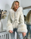 PU Leather Jacket with Faux Fur and Belted Waist Cream