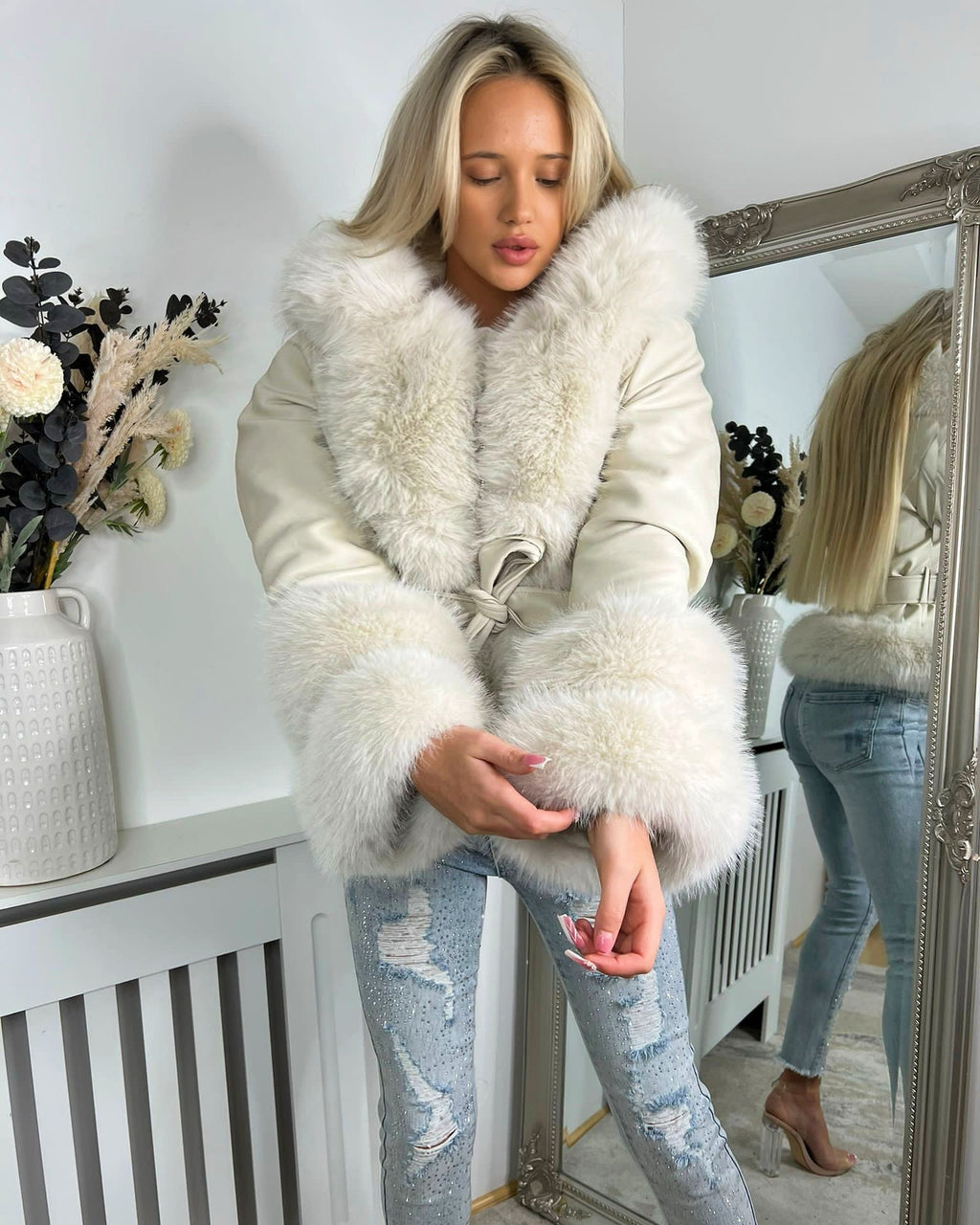 PU Leather Jacket with Faux Fur and Belted Waist Cream