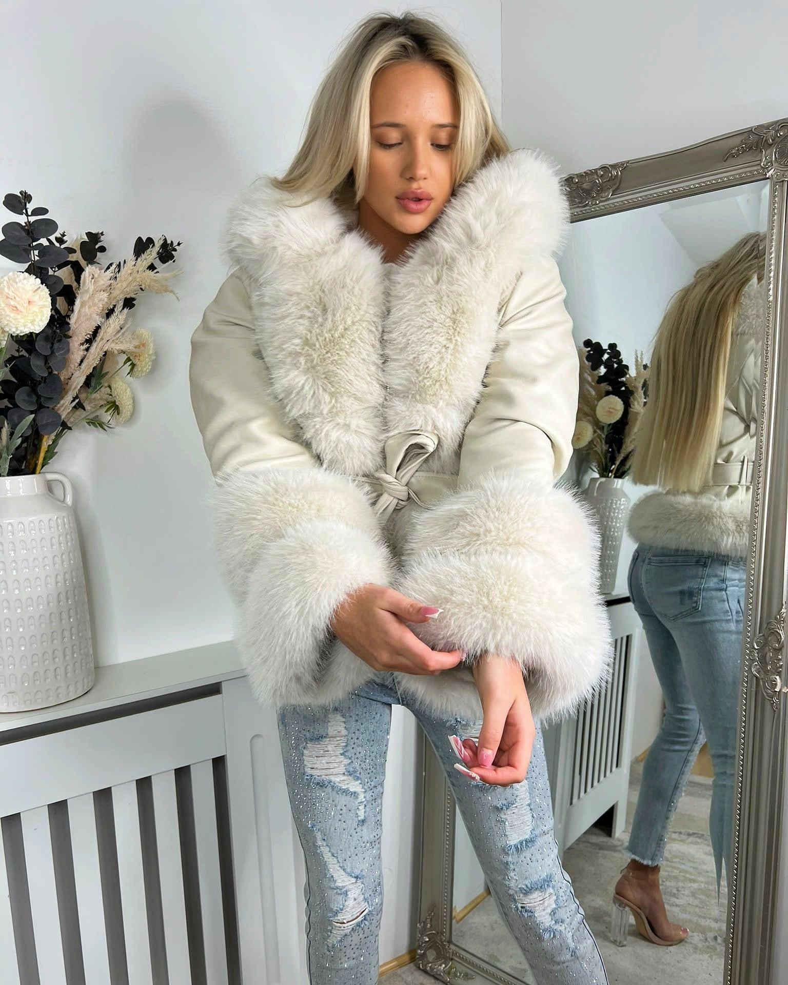 PU Leather Jacket with Faux Fur and Belted Waist Cream