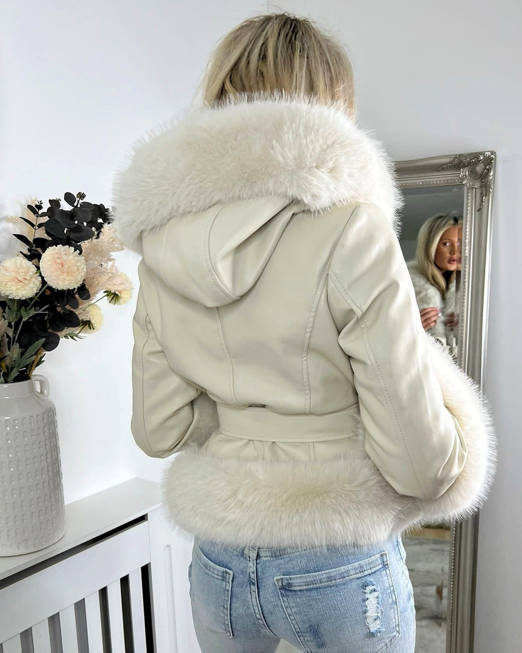PU Leather Jacket with Faux Fur and Belted Waist Cream
