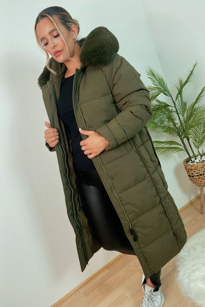 Khaki Piping Longline  Padded Coat