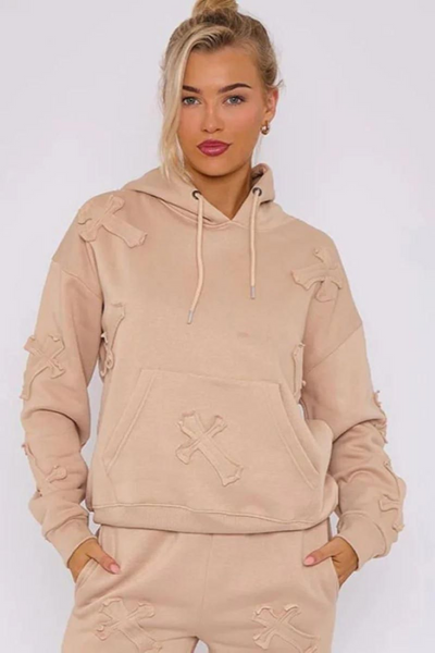 Beige Cross Applique Hoodie