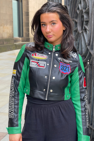 Black and Green PU Leather Racer Jacket