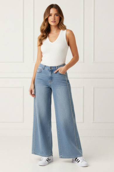 Rhinestone Detail Wide Leg Jeans
