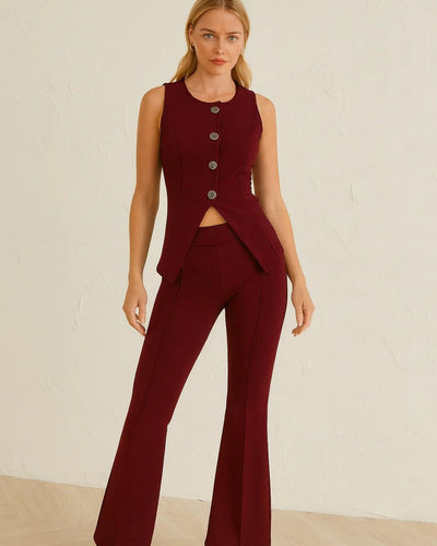 Structured Button Detail Vest & Flare Pant Set