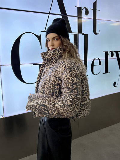 Leopard Print Sequin Puffer Coat