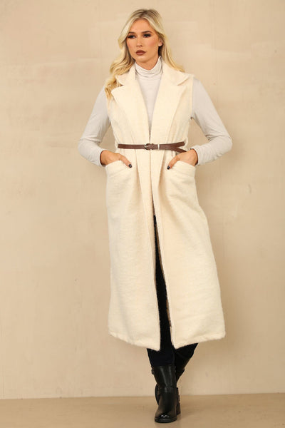 Cream Wool longline belted gilet