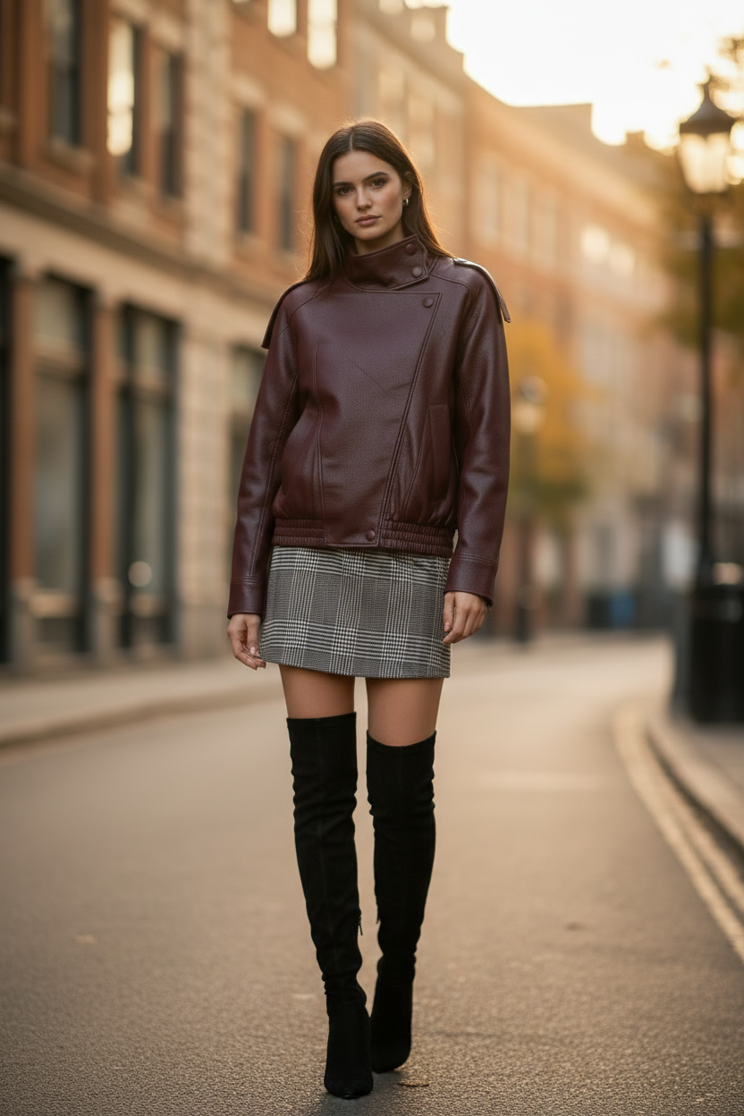 Autumn editorial burgundy jacket city shoot