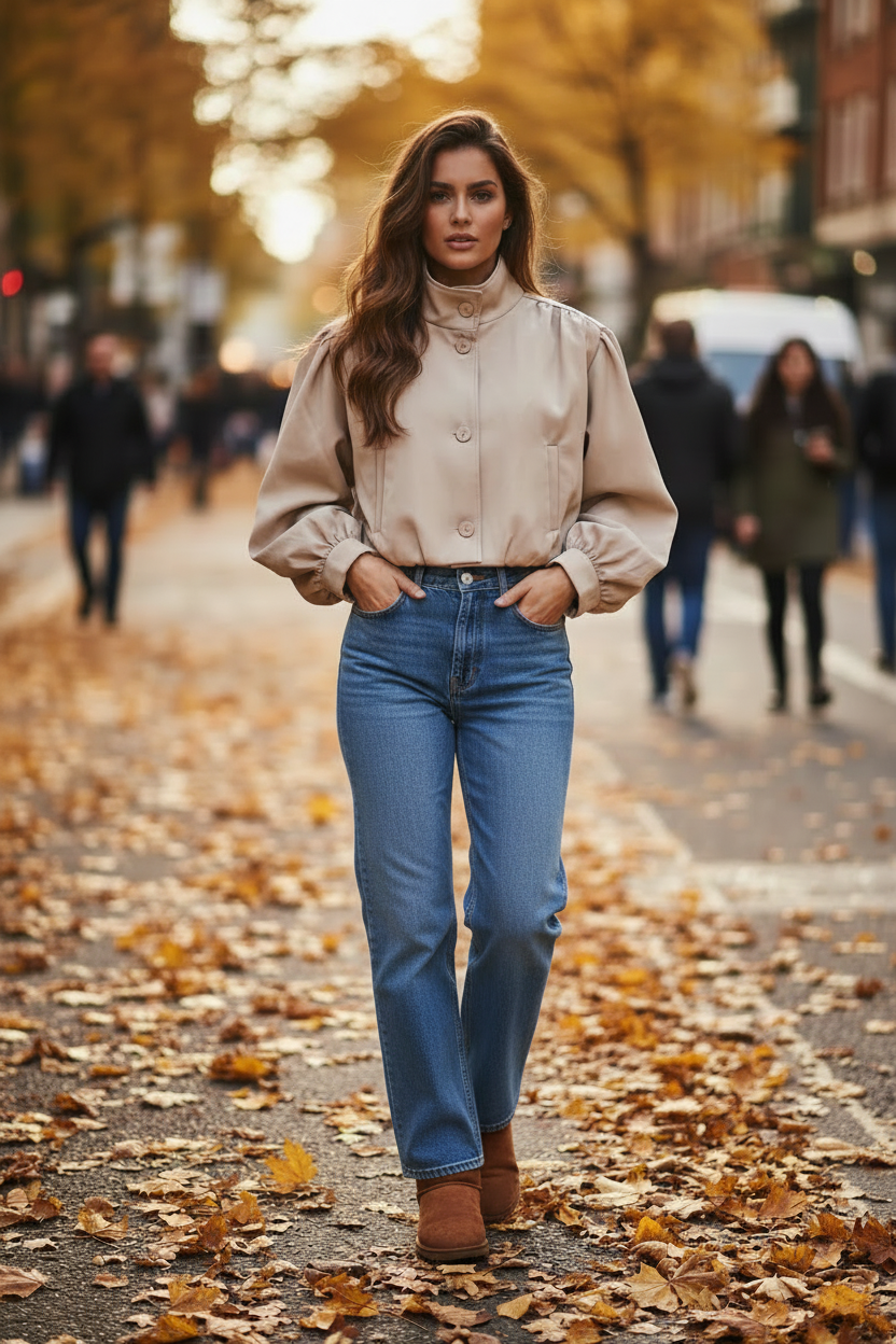 Beige Puff Sleeve Jacket - Blue Wide Leg Jeans