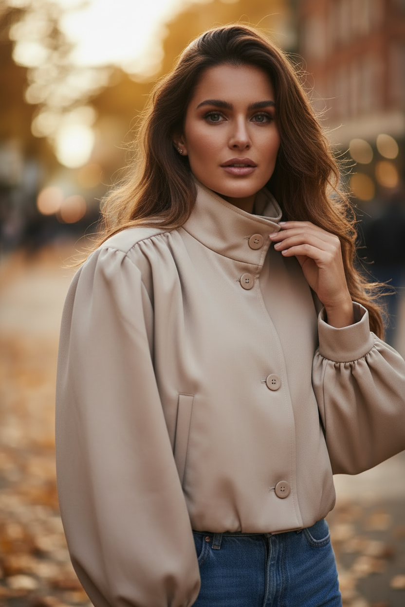 Beige Puff Sleeve Jacket - Close Up