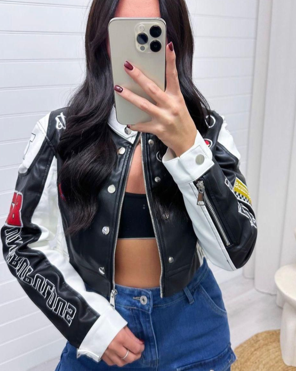 Black and White PU Leather Racer Jacket