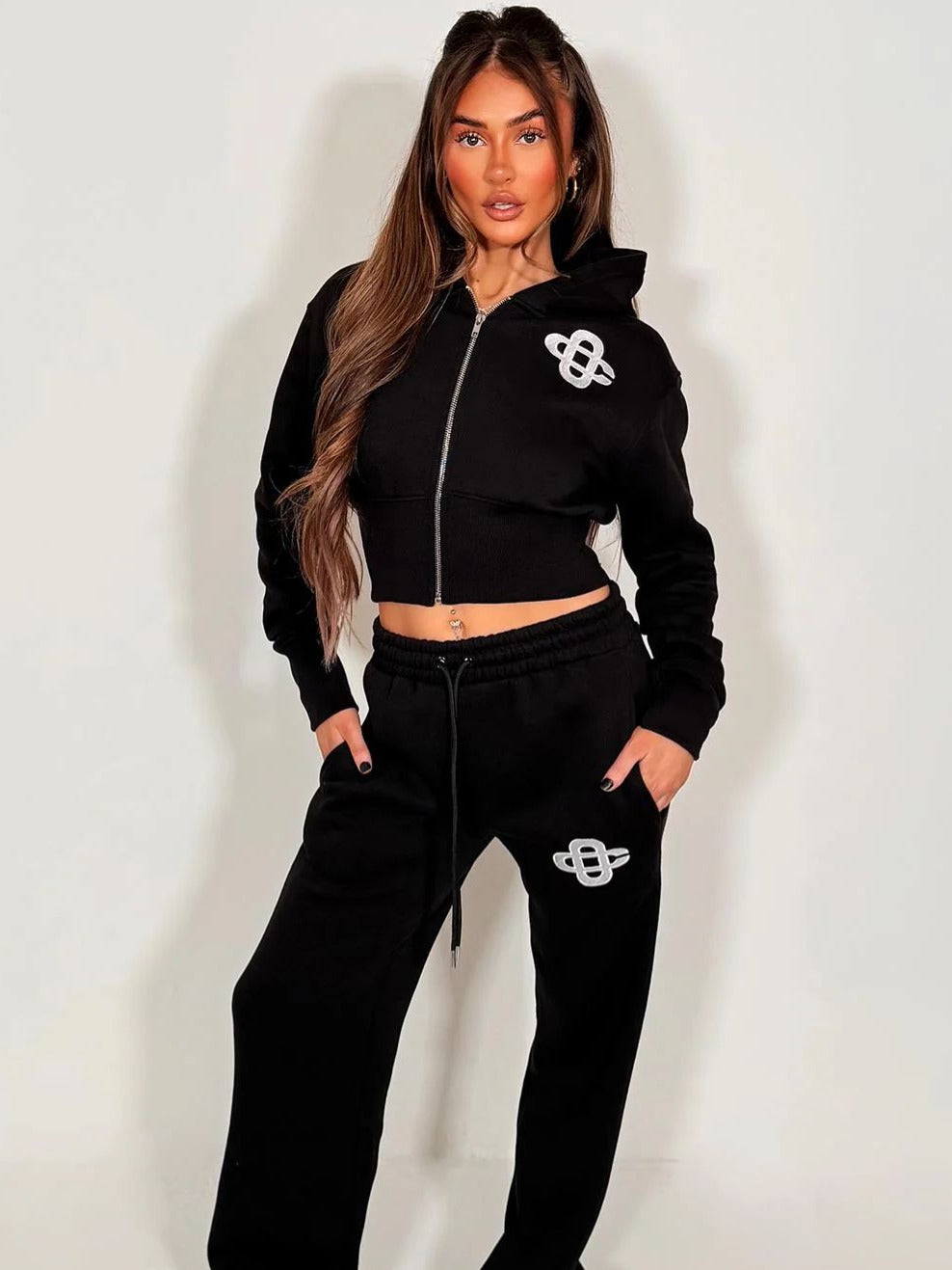Black Zip-Up Tracksuit Set
