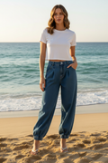 Blonde Model Beach Setting - Denim Jogger Outfit