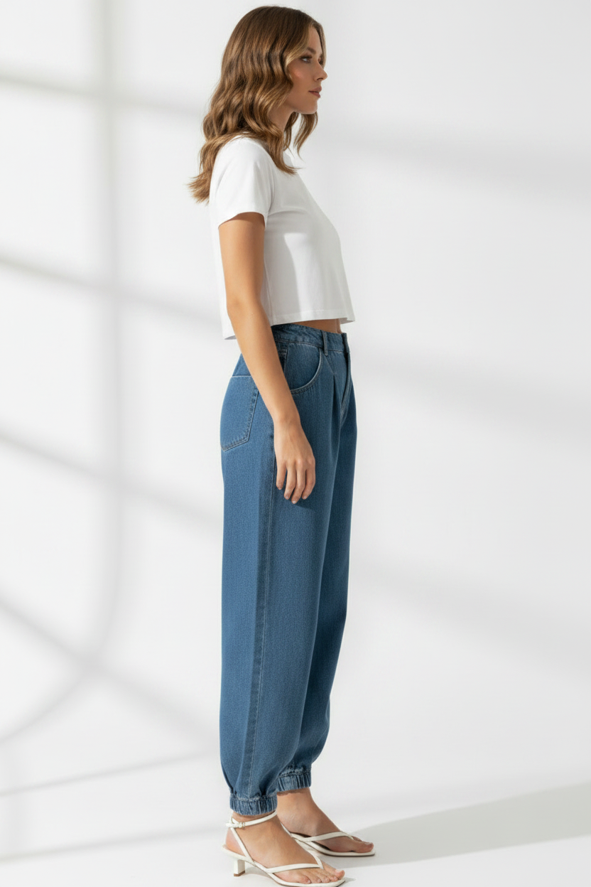 Blonde Model Side Profile - Denim Jogger Outfit
