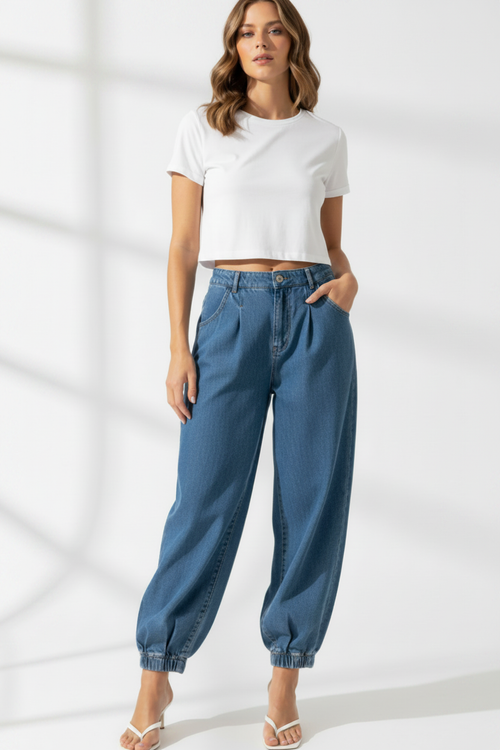 Blonde Model Studio Shot - Denim Jogger Outfit