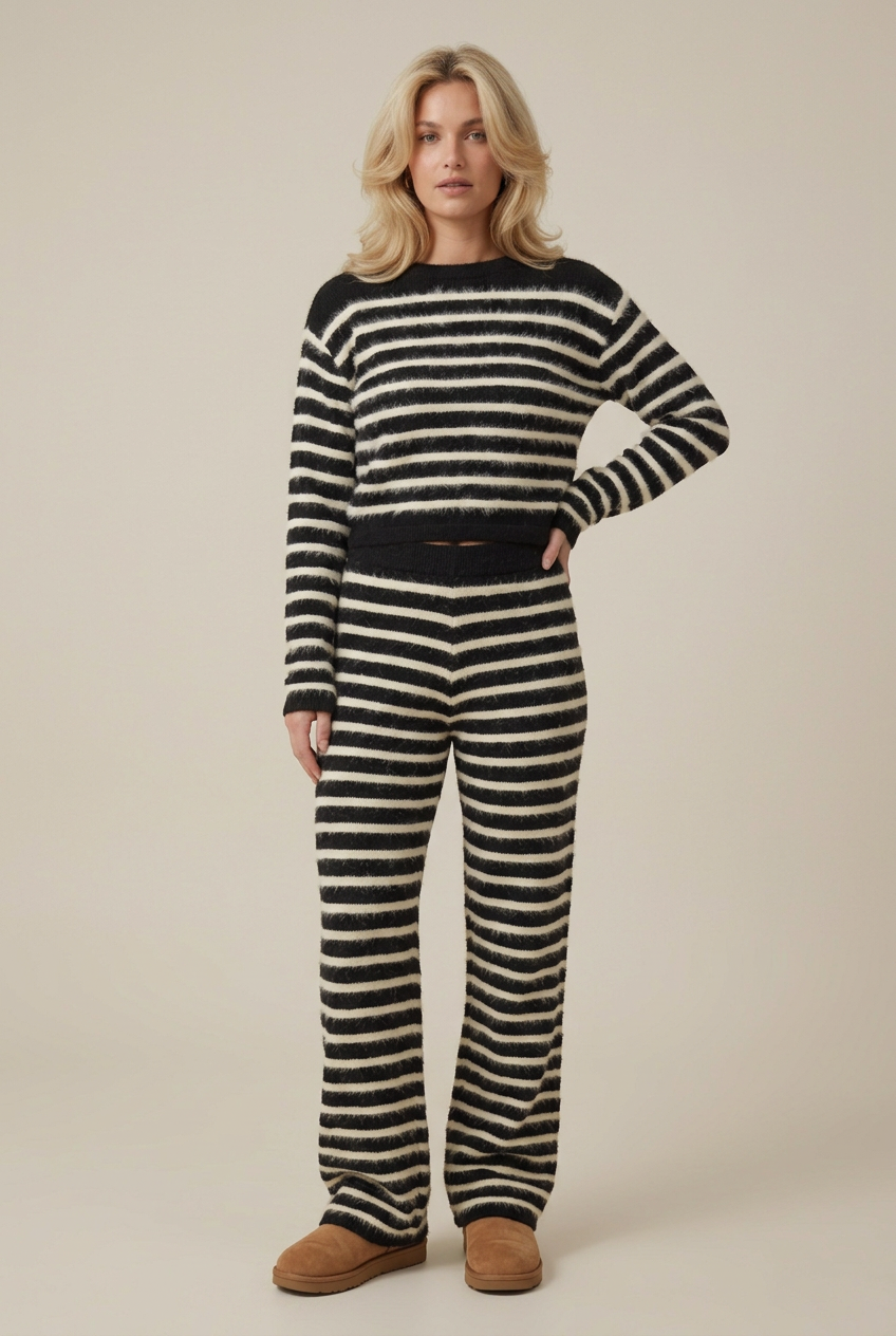Blonde model wearing the black and cream striped fluffy knit jumper and matching trousers in a plain studio