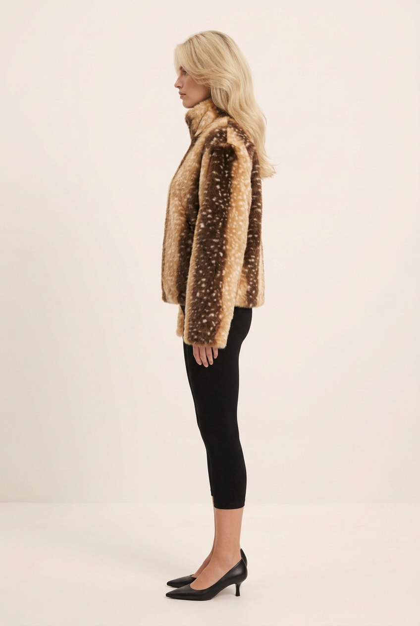 Blonde model wearing the deer-print jacket in side profile