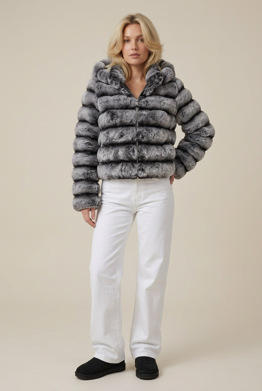 Blonde model wearing the grey banded faux fur hooded coat, white wide-leg jeans and black Uggs