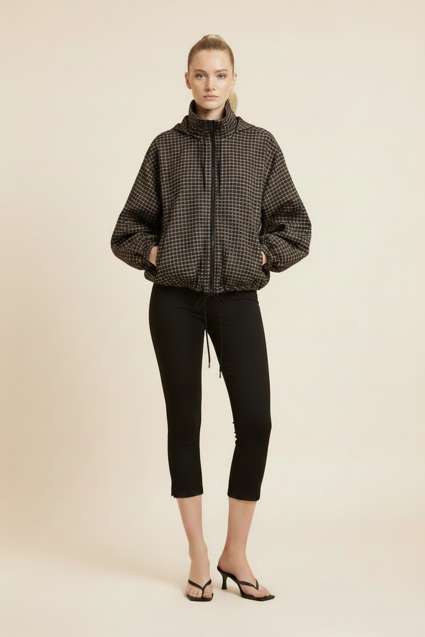 Brown checked jacket on the same model